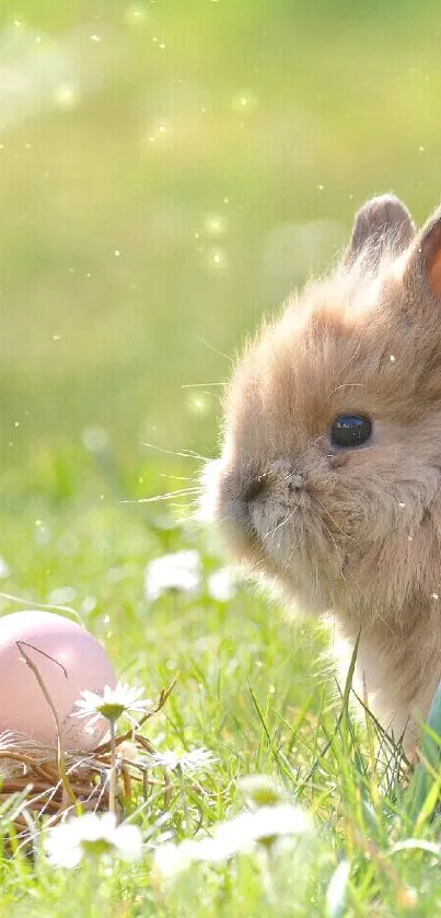 Fluffy bunny beside pastel Easter eggs in spring grass.