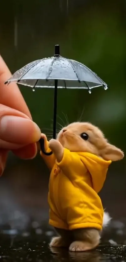 Bunny in a yellow raincoat with umbrella.
