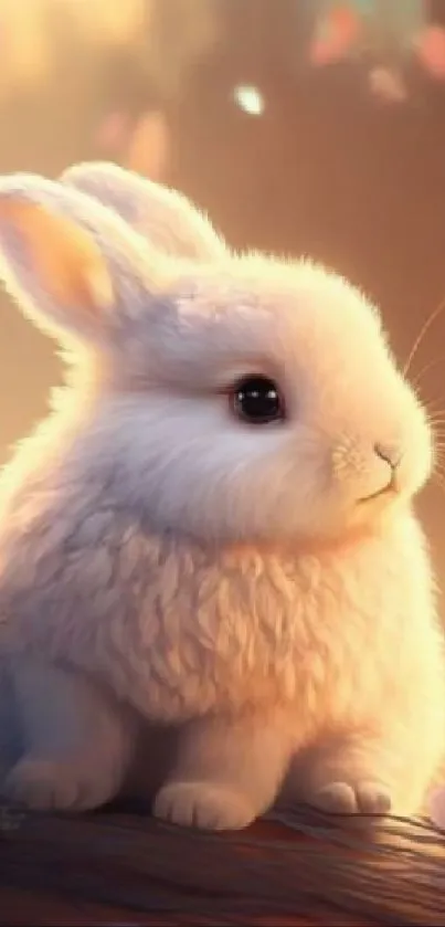 Adorable bunny with fluffy fur in soft warm lighting as a mobile wallpaper.