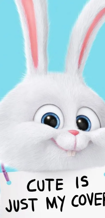 Adorable white bunny with quote on blue background.