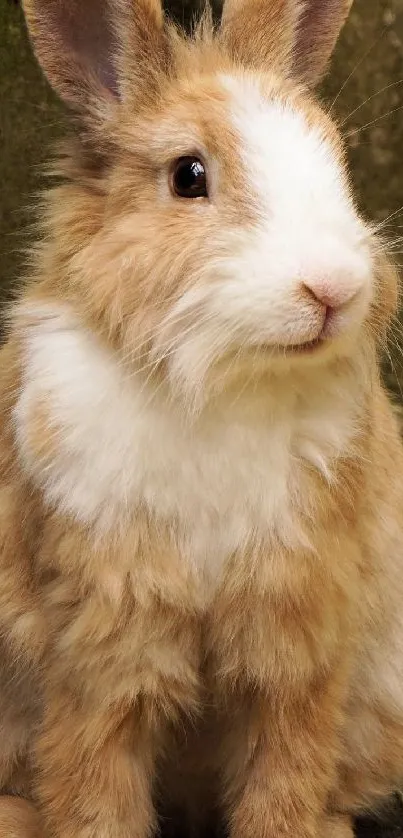 Cute brown and white bunny sitting on natural background.