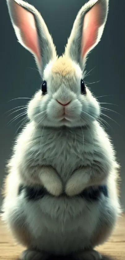 Adorable bunny sitting on a wooden surface with a soft grey background.