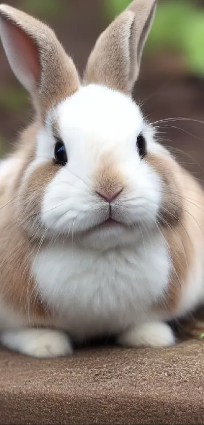 Adorable bunny with tan fur sitting outdoors.