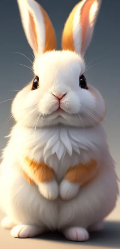 Cute fluffy bunny with white and orange fur sitting against a soft gradient background.