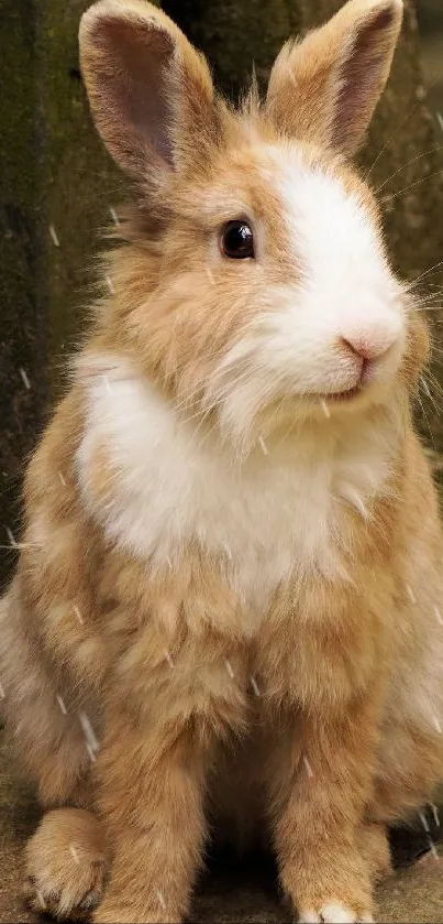 Adorable brown and white bunny sitting in natural setting, perfect for mobile wallpaper.