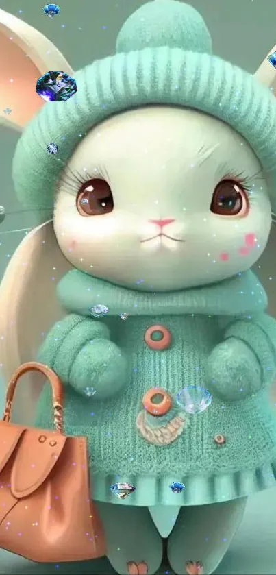 Cute bunny in mint outfit on colorful wallpaper.