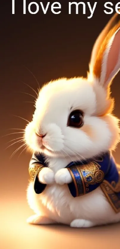 Adorable bunny in traditional attire with warm brown background.