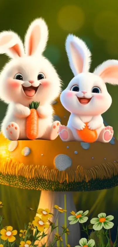 Cute cartoon bunnies on a mushroom with carrots.