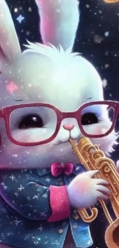 Cute bunny wearing glasses playing a trumpet in a whimsical art style.