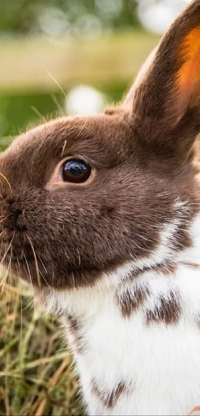 Charming brown and white bunny in nature with a backdrop of hay.