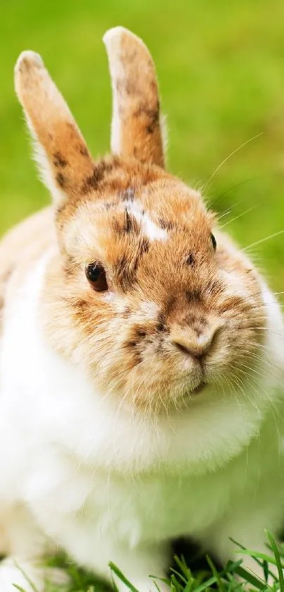 Adorable bunny sitting in green meadow, perfect for nature lovers' wallpaper.