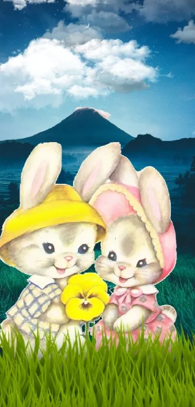Cute bunnies on green grass with a night sky backdrop.