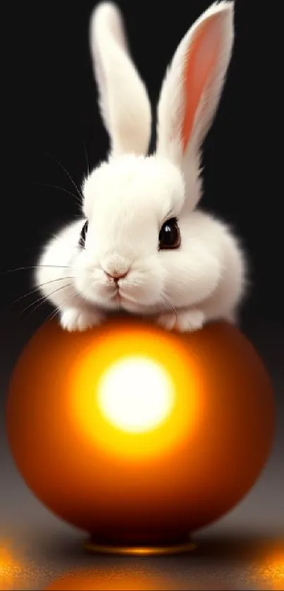 Adorable white bunny on glowing orange orb.