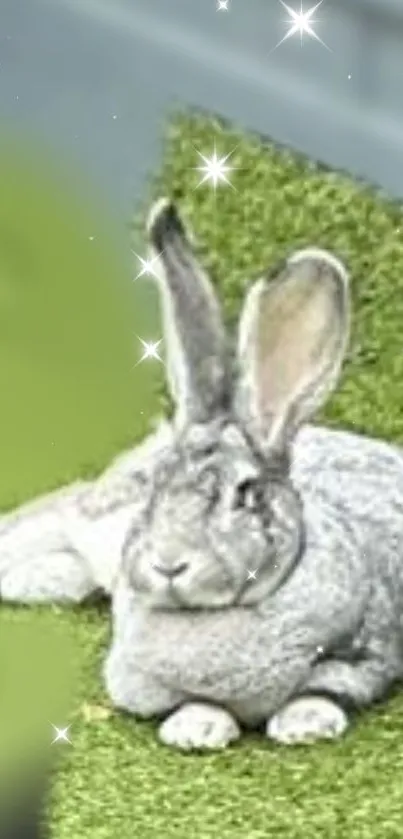 Grey bunny resting on vibrant green grass with sparkles.