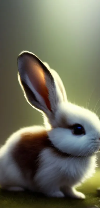 Adorable bunny sitting on green grass with soft lighting.