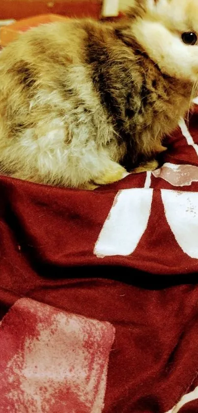 Adorable bunny sitting on a red blanket.