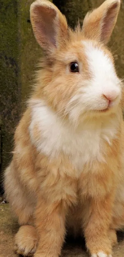 Cute fluffy bunny in a rustic setting, perfect for phone wallpaper.