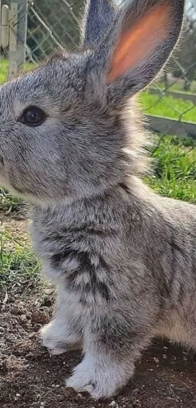 Adorable fuzzy bunny in an outdoor setting with greenery and sunlight.