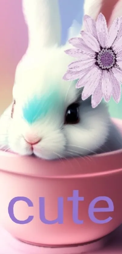 Cute bunny in pastel bowl with a lavender flower.