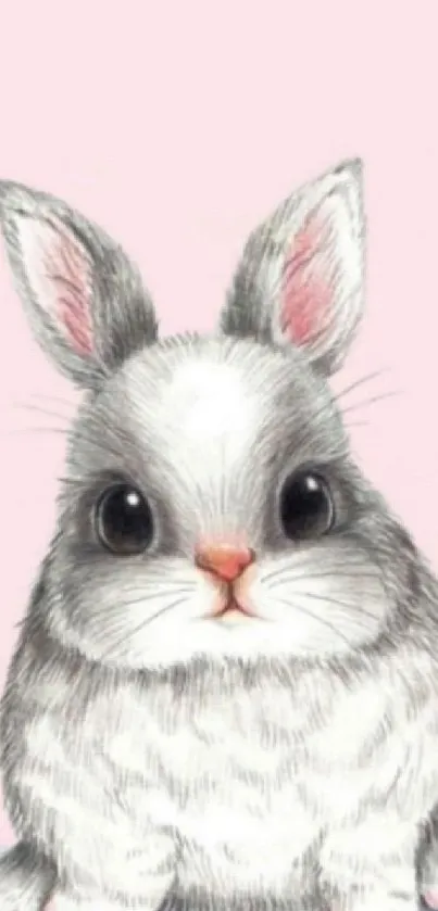 Adorable fluffy bunny drawing on a soft pink background.