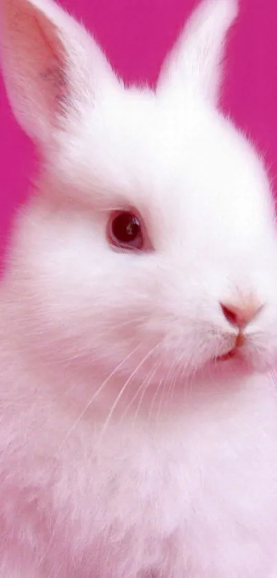 Fluffy white bunny on a vibrant pink background.