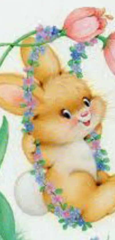 Adorable bunny with floral accents in soft pastel colors.