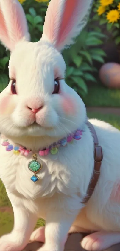 A cute white bunny in a lush garden setting with colorful accents.