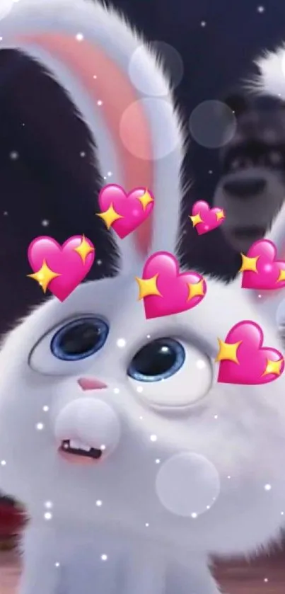 Adorable white bunny with heart emojis background.