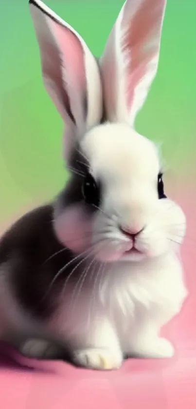 Adorable white and brown bunny on a pink and green background.