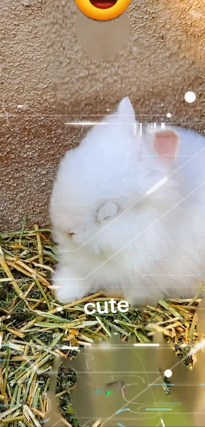 Cute fluffy white bunny on straw background.