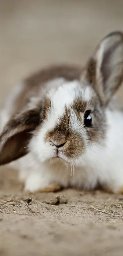 Adorable brown and white bunny on the ground, with soft earthy background.