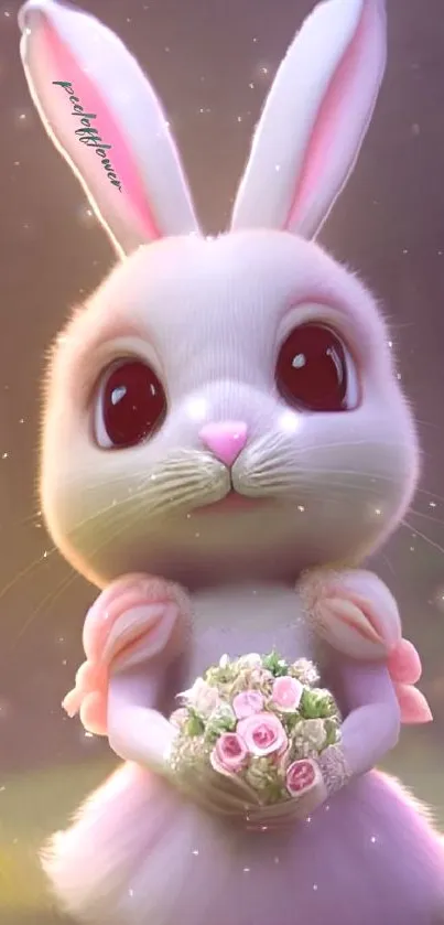 Adorable fluffy bunny in a pink dress holding a rose bouquet.