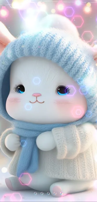 Adorable bunny wearing winter hat and scarf with glowing lights.