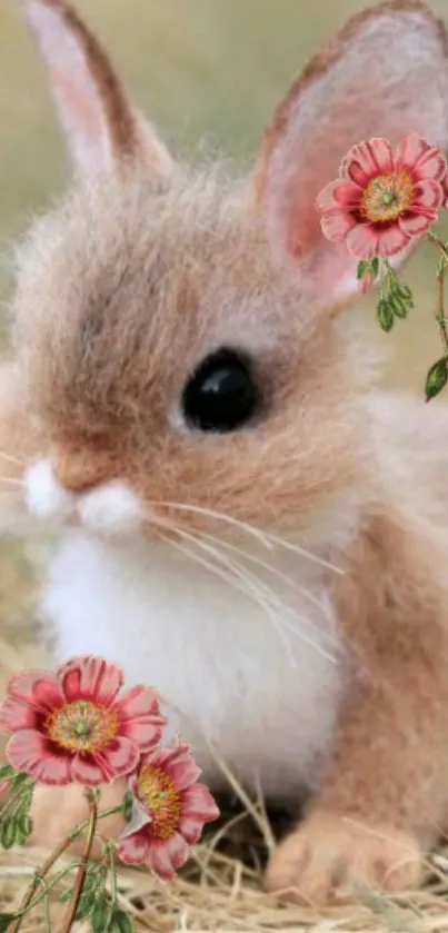 Adorable fluffy bunny with pink flowers.