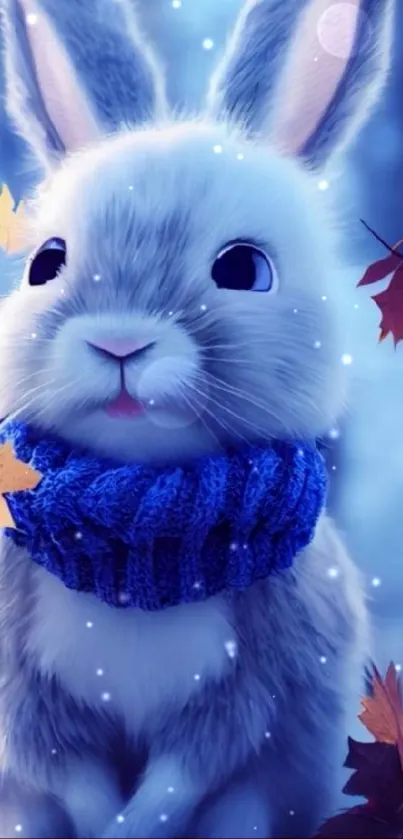 Cute bunny with blue scarf in autumn leaves.