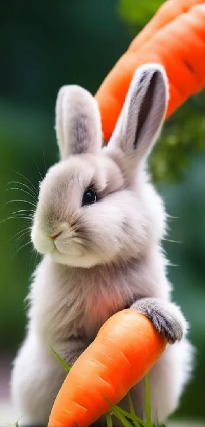 Cute grey bunny holding an orange carrot on a green background.