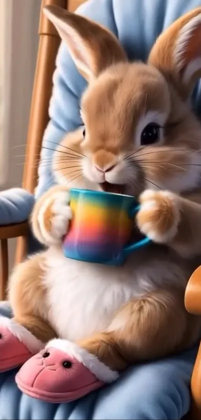 Adorable bunny in chair with rainbow mug.