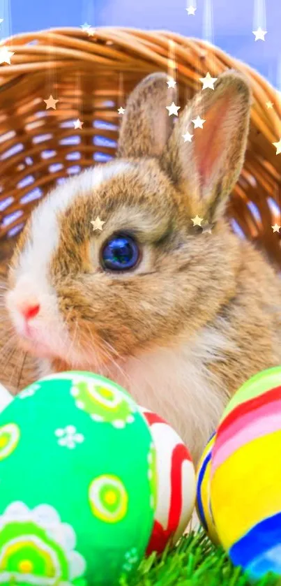 Adorable bunny with colorful Easter eggs in a basket.