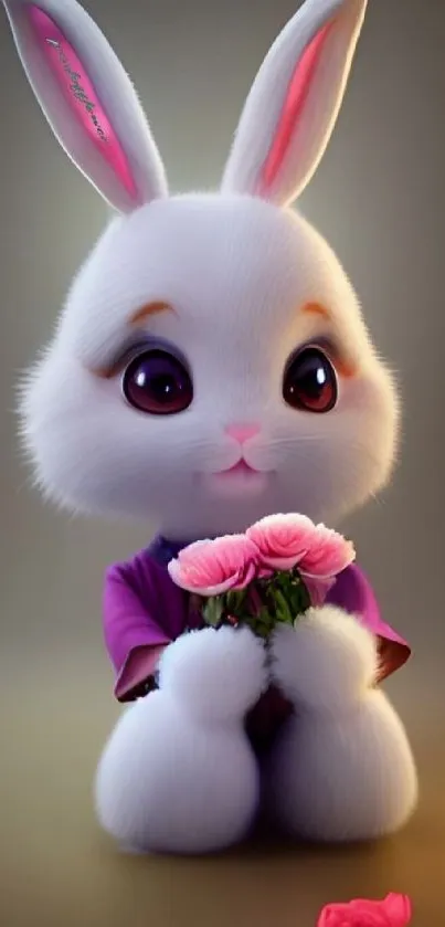 Cute bunny holding pink flowers on a mobile wallpaper.