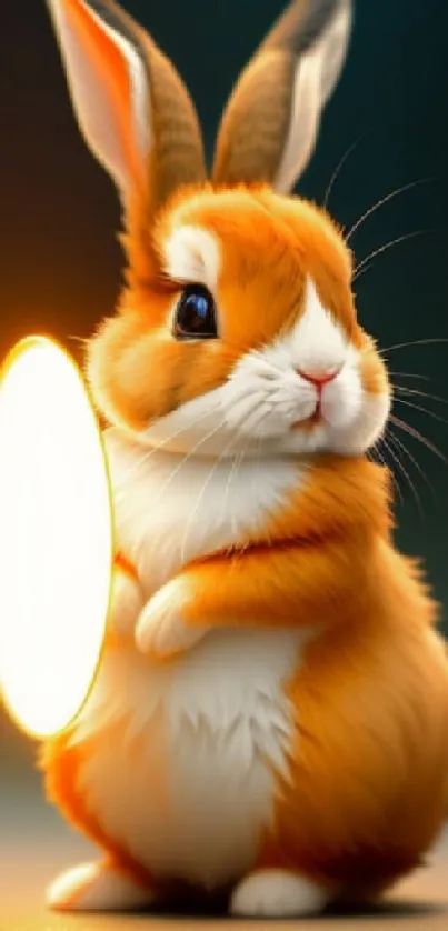 Adorable orange bunny holding a glowing circle on a dark background.