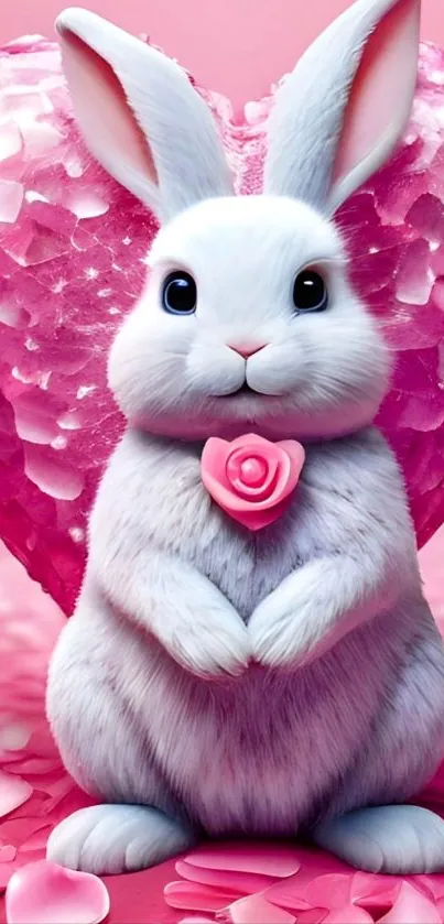 Fluffy bunny with a pink heart backdrop, perfect for mobile wallpaper.
