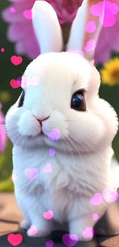 Adorable bunny with flowers and hearts background.