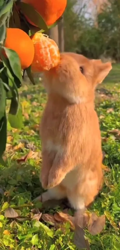 Cute bunny standing and nibbling on oranges in a leafy field.