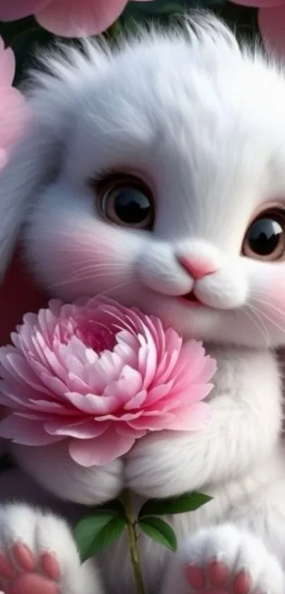 Fluffy white bunny holding pink flower