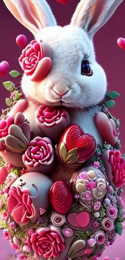 Cute bunny with pink roses and hearts wallpaper.