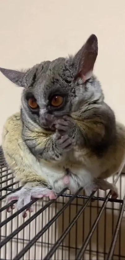 Cute bush baby with bright eyes sitting on a cage.