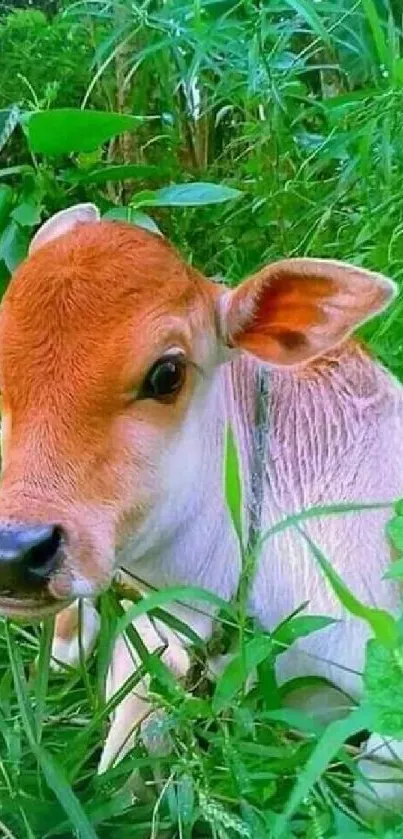 Cute calf sitting in lush green grass, exuding natural tranquility.