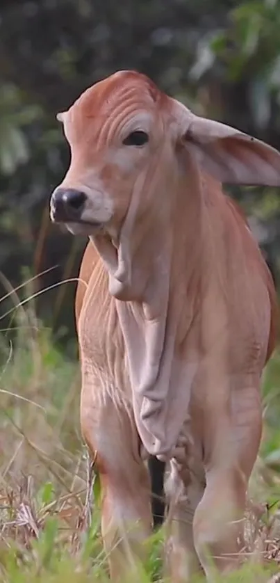 Adorable calf standing in a lush green meadow, creating a serene mobile wallpaper.