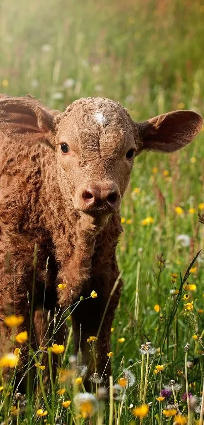 Curly-haired calf in a sunny, flower-filled meadow.