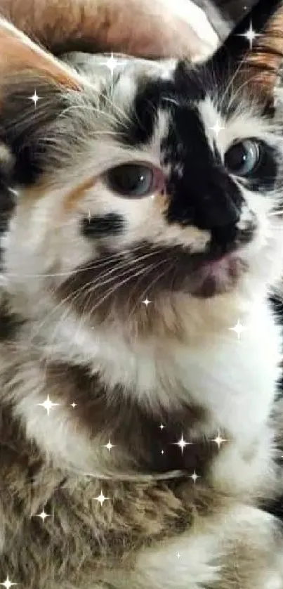 Adorable calico cat lying on a cozy blanket.